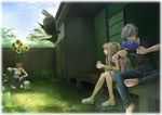  2girls air backyard bare_shoulders barefoot bird blonde_hair brown_hair crow day dog fan flower grey_hair haku_(sinsifuku2) hot kamio_haruko kamio_misuzu kunisaki_yukito multiple_girls open_mouth paper_fan ponytail sandals shouji sky sliding_doors sora_(air) squatting strap_slip sunflower sweat uchiwa veranda 