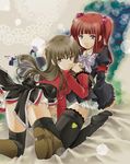  akatsuki_hijiri armband bad_id bad_pixiv_id black_legwear blue_eyes boots bow brown_hair hair_bobbles hair_ornament long_hair looking_back mammon multiple_girls pleated_skirt red_eyes red_hair skirt stakes_of_purgatory thighhighs umineko_no_naku_koro_ni ushiromiya_ange zettai_ryouiki 