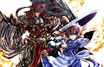  1girl arcana_heart armor armored_dress bad_id bad_pixiv_id blue_eyes brown_hair crossover epic fiona_mayfield gauntlets guilty_gear kuro_kichi m.u.g.e.n maid manly order-sol red_eyes sol_badguy sword uniform weapon 