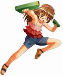  bad_id bad_pixiv_id brown_eyes brown_hair casual copyright_request dual_wielding frills glasses hairband holding long_hair nyama sandals solo staple_gun stapler 