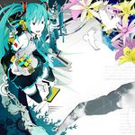  album_cover aqua_eyes aqua_hair bad_id bad_pixiv_id bare_shoulders bird black_legwear cover detached_sleeves flower hatsune_miku long_hair necktie solo thighhighs twintails usi vocaloid 