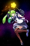  apron black_gloves black_legwear bow gloves green_hair highres horns kiharatotsunori long_hair md5_mismatch orange_legwear original red_eyes ribbon shoes smile solo space star striped striped_legwear thighhighs twintails v wand 