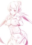  breasts cleavage judith medium_breasts monochrome nipples pointy_ears shirt_lift sketch solo syacyo tales_of_(series) tales_of_vesperia white_background 