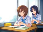  blue_eyes blue_hair braid brown_eyes brown_hair classroom cygnus_(cygnus7) desk face hands md5_mismatch mechanical_pencil multiple_girls original pencil school_desk school_uniform serafuku short_hair 