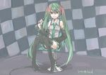  aharan bad_id bad_pixiv_id boots checkered checkered_background detached_sleeves green_eyes green_hair hatsune_miku long_hair microphone necktie sitting skirt solo thigh_boots thighhighs twintails very_long_hair vocaloid 