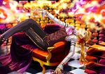  beatrice blonde_hair blue_eyes bug butterfly chain checkered checkered_floor couch crossed_legs dust flower genderswap glowing gold grin hair_flower hair_ornament insect kokoakokoa long_hair male_focus pipe ponytail reclining reflection rose sitting smile solo umineko_no_naku_koro_ni 