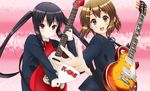  bad_id bad_pixiv_id black_hair brown_eyes brown_hair guitar highres hirasawa_yui instrument k-on! long_hair multiple_girls nakano_azusa plectrum red_eyes school_uniform short_hair twintails yunotimo 