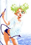  absurdres arched_back between_thighs bikini_bottom blonde_hair dutch_angle earrings fang green_eyes green_hair hand_on_thigh highres horn hose jewelry leaning_forward mori_kotarou no_bra no_pants non-web_source one_eye_closed pointy_ears raim see-through shirt short_hair slit_pupils smile solo stray_little_devil tail twintails water wet wet_clothes wet_shirt 