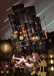  barefoot brown_eyes brown_hair cup glasses highres mug night pixiv_festa sitting star tama_(speedgrapher) telescope 