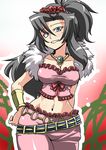  black_hair breasts cleavage deborah dragon_quest dragon_quest_v flower grin hair_flower hair_ornament highres jewelry large_breasts midriff mole rose smile solo tsuki_wani 