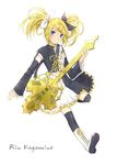  alternate_hairstyle aqua_eyes bad_id bad_pixiv_id bass_guitar blonde_hair boots detached_sleeves dress frills guitar hair_ornament hair_ribbon hairclip instrument kagamine_rin kagamine_rin_(roshin_yuukai/hard_rkmix) long_hair mystmu ribbon roshin_yuukai_(vocaloid) skirt smile solo thighhighs twintails vocaloid zettai_ryouiki 