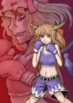  blonde_hair bow boxing boxing_gloves boxing_shorts brown_hair crop_top fangs flandre_scarlet hair_bow hat horns ibuki_suika ichimi_tougarashi midriff multiple_girls navel ponytail red_eyes short_hair shorts side_ponytail slit_pupils touhou wings 