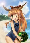  beach bow brown_eyes competition_swimsuit day dtcy food forest fruit hair_bow holding holding_food holding_fruit horns ibuki_suika long_hair nature ocean one-piece_swimsuit one_eye_closed open_mouth orange_hair palm_tree pointy_ears ponytail smile solo sun swimsuit touhou tree watermelon wide_hips 