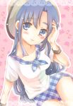  asakura_ryouko blue_eyes blue_hair blush casual hat long_hair solo suzumiya_haruhi_no_yuuutsu yoshizoe_eiko 