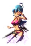  ahoge aqua_eyes aqua_hair belt bikini bracelet breasts damu_ningen front-tie_top grin gun highres holster jewelry large_breasts long_hair loose_belt navel o-ring o-ring_top one_eye_closed original side-tie_bikini smile solo swimsuit thigh_holster thigh_strap thighhighs v weapon wristband 