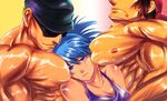  2boys ageudon bad_id bad_pixiv_id bandana bara blonde_hair blue_eyes blue_hair boy_sandwich breast_press breast_smother breasts brown_hair clark_still error hat leona_heidern long_hair medium_breasts multiple_boys muscle ponytail ralf_jones sandwiched shiny shiny_skin sunglasses sweat the_king_of_fighters 