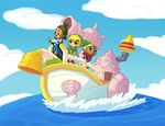  2boys beard black_hair blonde_hair boat day facial_hair fairy grin hat linebeck link multiple_boys mustache ocean pointy_ears scarf sky smile tetra the_legend_of_zelda the_legend_of_zelda:_phantom_hourglass toon_link watercraft 