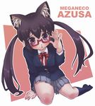  adjusting_eyewear animal_ears bespectacled black_hair cat_ears character_name glasses k-on! kneeling landolt_tamaki long_hair nakano_azusa no_shoes nodoka_glasses red-framed_eyewear red_eyes school_uniform semi-rimless_eyewear socks solo twintails under-rim_eyewear 