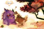  couple dusk_ball english gen_1_pokemon gen_4_pokemon gengar grin heart interspecies kiss no_humans poke_ball pokemon pokemon_(creature) shiny_pokemon smile staraptor taijukaren tree ultra_ball 