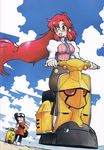  alternate_costume alternate_hairstyle artist_request cloud company_connection crossover day flcl gainax glasses goggles ground_vehicle haruhara_haruko highres hover_bike hover_scooter long_hair motor_vehicle multiple_girls necktie official_art pink_hair red_hair scan scarf scooter sky tengen_toppa_gurren_lagann very_long_hair yellow_eyes yoko_littner yomako 