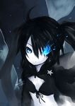  ahoge bad_id bad_pixiv_id bikini_top black_hair black_rock_shooter black_rock_shooter_(character) blue_eyes burning_eye coat flat_chest front-tie_top highres kiran long_hair midriff navel pale_skin solo star twintails very_long_hair 