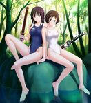  bangs barefoot blade blue_eyes blunt_bangs breasts brown_hair competition_swimsuit covered_nipples forest ga-rei ga-rei_zero highleg highleg_swimsuit highres hime_cut isayama_yomi katana kuri_(kurigohan) legs long_hair medium_breasts multiple_girls nature navel one-piece_swimsuit purple_eyes reflection rock sheath sheathed short_hair sitting smile soaking_feet swimsuit sword tree tsuchimiya_kagura very_long_hair water weapon 