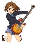  bangs blazer blush brown_eyes brown_hair dress_shirt guitar hair_ornament hairclip happy hirasawa_yui horiguchi_yukiko instrument jacket k-on! kneeling loafers messy_hair official_art open_mouth pose ribbon round_teeth school_uniform shirt shoes skirt socks solo strap teeth vector_trace 