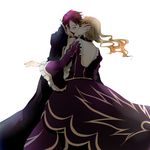  1boy 1girl beatrice blonde_hair cape closed_eyes couple dress formal hetero kiss lowres necktie red_hair suit umineko_no_naku_koro_ni ushiromiya_battler 