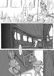  1girl animal_ears cat_ears cat_tail chen comic greyscale ground_vehicle monochrome original tail touhou train train_interior translated uewtsol vanishing_point 