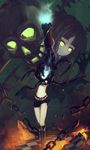  arm_cannon bikini_top black_hair black_rock_shooter black_rock_shooter_(character) blue_eyes boots burning_eye coat crossed_legs dead_master glowing glowing_eyes green_eyes highres horns long_hair midriff multiple_girls shorts skull standing tragic_comedy twintails weapon 