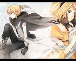  1girl blonde_hair blue_eyes brother_and_sister cape gloves hair_ornament hairclip kagamine_len kagamine_rin kimi_ni_sasagu_fantasia_(vocaloid) letterboxed short_hair siblings sitting tama_(songe) tears twins vocaloid 