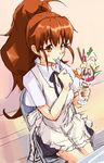  apron blush brown_eyes brown_hair chair long_hair parfait ponytail sitting solo spoon taneshima_popura urabi_(tomatohouse) waitress working!! 