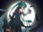  ahoge detached_sleeves feathers from_behind full_moon green_eyes green_hair hatsune_miku long_hair looking_back moon necktie night skirt solo thighhighs twintails very_long_hair vocaloid yuzuki_kei 