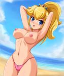  armpits arms_behind_head arms_up beach bikini bikini_bottom blonde_hair blue_eyes blush breasts cameltoe cloud crown day large_breasts long_hair mario_(series) micro_bikini navel nipples open_mouth outdoors princess_peach sidelocks sigurd_hosenfeld sky solo standing super_mario_bros. swimsuit toned topless water wide_hips 