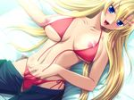  :3 anetea!? areolae bikini blonde_hair blue_eyes blush breasts fang fingernails hand_under_clothes hand_under_swimsuit heart large_breasts lips lipstick long_hair makeup navel nipples non-web_source nora_freeman_misora open_mouth pants red_bikini solo swimsuit tajima_yoshikazu 