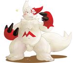  claws erection fur looking_down male markings nintendo penis plain_background pok&#233;mon pokemon precum red_markings solo unknown_artist video_games white_background white_fur zangoose 