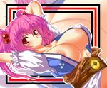  areolae arms_behind_head arms_up blush breasts cleavage hair_bobbles hair_ornament huge_breasts onozuka_komachi open_clothes open_shirt red_eyes red_hair shirt short_hair smile solo tanaka_ginji touhou two_side_up 