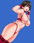  black_hair blue_background breasts brown_eyes gloves hinomoto_reiko large_breasts looking_at_viewer lowres matoyama nipples rumble_roses short_hair solo thighhighs 