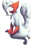  ambiguous_gender anthro blush chest_tuft claws fluffy fur hindpaw kneeling latte_(artist) looking_at_viewer nintendo open_mouth pawpads paws plain_background pok&#233;mon pok&#233;morph pokemon pose red_eyes solo tuft video_games white_background zangoose 