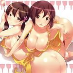  all_fours apron ass bare_shoulders breasts brown_hair cleavage curvy extra flower hair_flower hair_ornament k-on! kimura_fumie large_breasts long_hair multiple_girls naked_apron namayake_girls no_panties short_hair spatula twintails yoshiron 