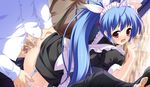  1girl 3boys against_glass against_the_wall anal blue_hair censored clothed_sex cum cum_in_pussy game_cg garter_belt ichapuri! leaning_forward long_hair multiple_boys penis public sex train train_interior wakatsuki_sumireko 