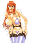  azuki_kurenai bikini breasts collar cross highres huge_breasts long_hair red_hair swimsuit thick_thighs thighhighs thighs thong undressing 
