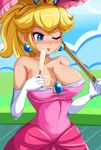  ;p areola_slip areolae bare_shoulders blonde_hair blue_eyes blush breasts cleavage crown dress earrings elbow_gloves food gloves jewelry large_breasts mario_(series) one_eye_closed pink_dress pink_umbrella popsicle princess_peach sexually_suggestive sigurd_hosenfeld solo super_mario_bros. tongue tongue_out umbrella 