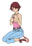  between_breasts blush breast_press breasts denim digimon digimon_savers flat_color fujieda_yoshino jeans large_breasts nipples pants red_eyes red_hair short_hair solo 