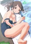  amagami bare_shoulders barefoot breasts brown_eyes brown_hair cleavage collarbone feet io_takuya legs lying medium_breasts nakata_sae on_side one-piece_swimsuit pool school_swimsuit solo swimsuit swimsuit_pull twintails watermark web_address wet 