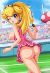  blonde_hair blue_eyes bottomless breasts crown dress earrings jewelry large_breasts lipstick long_hair looking_back makeup mario_(series) mushroom nail_polish nintendo one_eye_closed panties pink_dress ponytail princess_peach racket sigurd_hosenfeld solo super_mario_bros. tennis tennis_racket thong topless underwear 