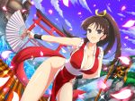  1girl bangs bare_shoulders blue_sky blush breasts brown_hair cleavage cloud cloudy_sky collarbone day fan fatal_fury hand_on_hip hand_up highres holding japanese_clothes large_breasts long_hair looking_at_viewer ninja official_art outdoors pelvic_curtain petals ponytail purple_eyes senran_kagura senran_kagura_new_link shiny shiny_hair shiny_skin shiranui_mai sky sleeveless smile solo sparkle thighs tied_hair water water_drop yaegashi_nan 