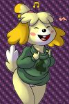  2013 animal_crossing anthro bottomless brainsister breasts canid canine canis clothed clothing digital_media_(artwork) domestic_dog dotted_background female fur hair happy hi_res isabelle_(animal_crossing) mammal multicolored_fur musical_note nintendo pattern_background purple_background pussy shih_tzu simple_background solo topwear toy_dog video_games white_fur yellow_fur 