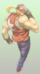  baseball_cap blonde_hair denim fatal_fury fingerless_gloves from_behind gloves hat highres jeans male_focus muscle pants ponytail red_footwear shoes sneakers solo tank_top terry_bogard the_king_of_fighters torn_clothes torn_sleeves zinguuzisaburou 