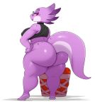  absurd_res anthro apple big_butt bottomless breasts butt clothed clothing eyelashes eyewear female food fruit glasses hi_res huge_butt kobold looking_at_viewer looking_back plant reptile scalie short_stack solo sssonic2 